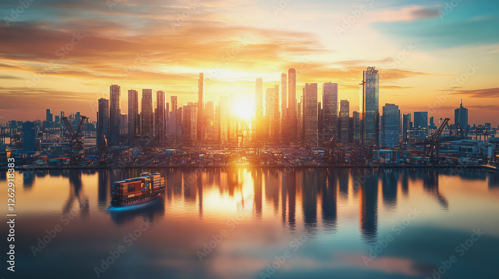 Fototapeta premium Container truck in ship port for business Logistics and transportation of Container Cargo ship and Cargo plane with working crane bridge in shipyard at sunrise, logistic import export and transport