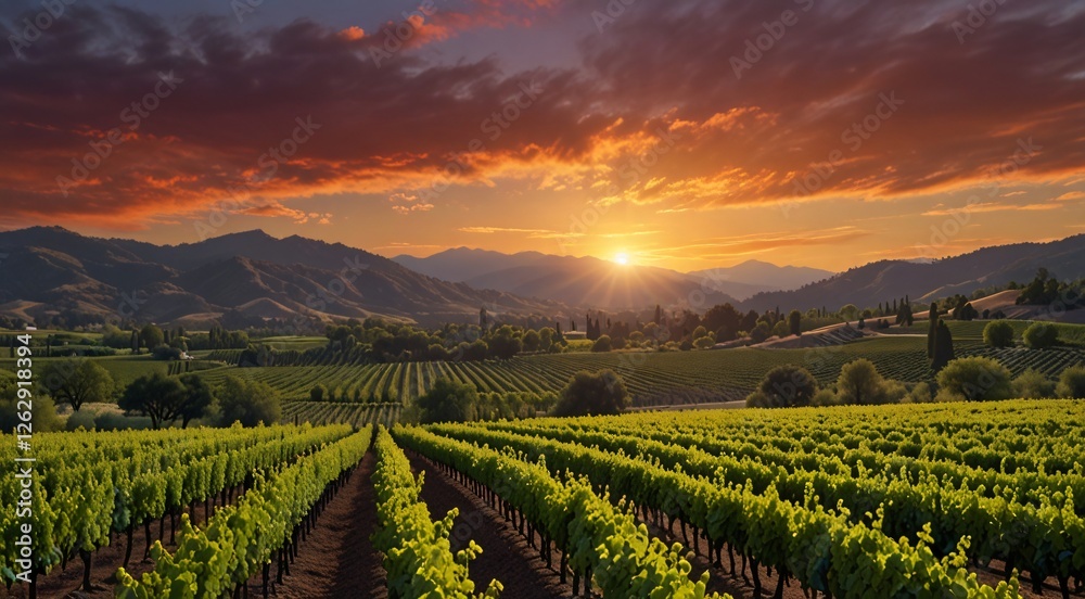 Naklejka premium Vibrant Sunset Over Lush Green Vineyard Landscape