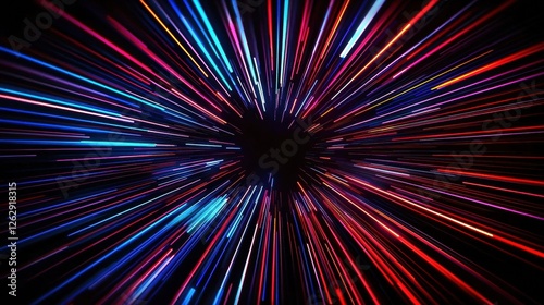 Vibrant red and blue light streaks create a dynamic motion blur effect, resembling a starburst or tunnel in a dark cosmic space