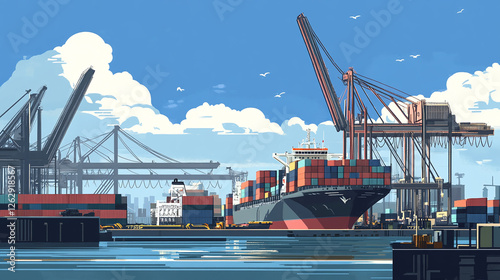 A busy port with automated cranes loading and unloading shipping containers from massive cargo ships
