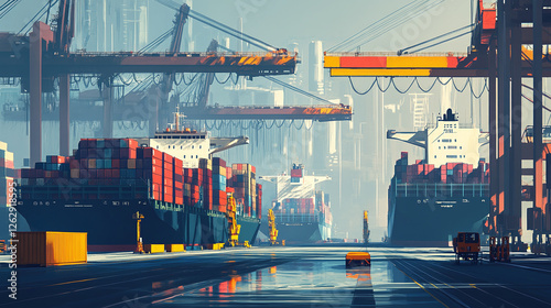 A busy port with automated cranes loading and unloading shipping containers from massive cargo ships