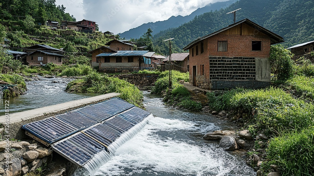 Naklejka premium A village in a remote area installing a micro-hydro power plant, using river currents to generate electricity for local homes.