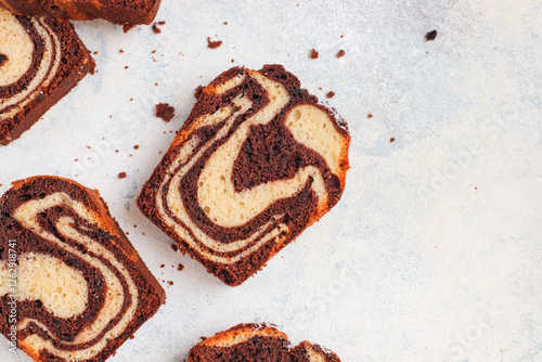 Homemade traditional marble pound cake.
