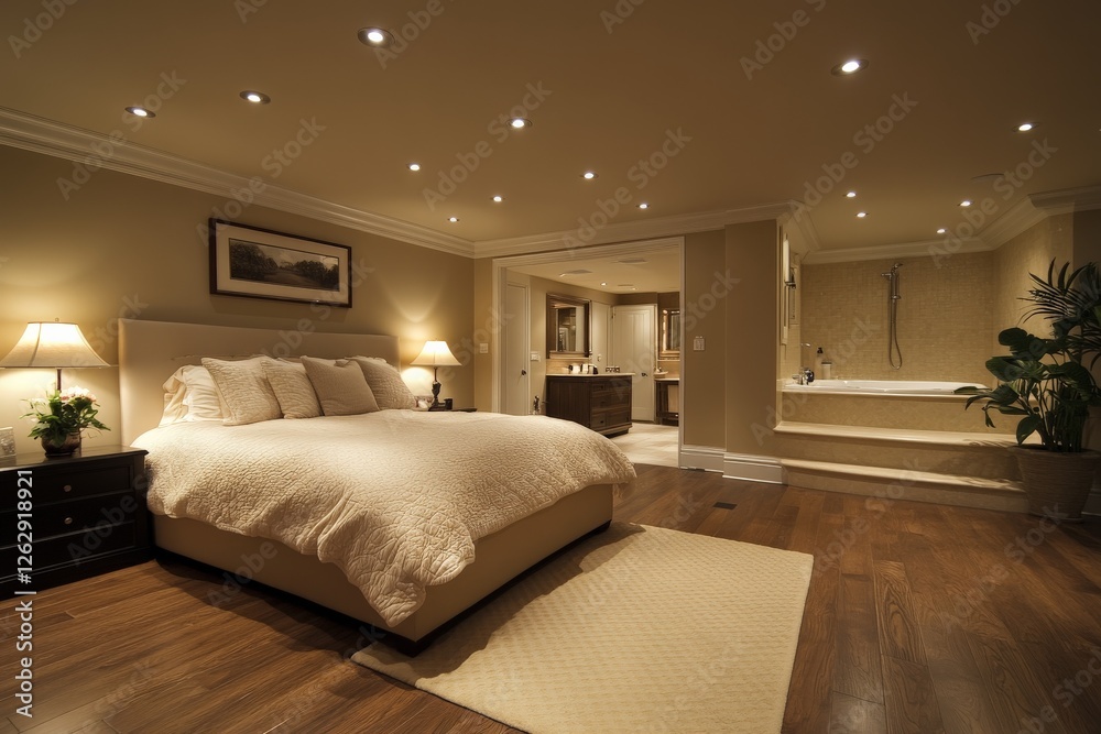 Fototapeta premium Elegant bedroom and bathroom with modern design and warm lighting in a cozy atmosphere
