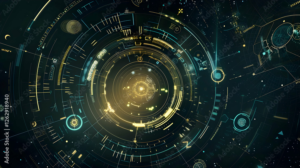 Abstract futuristic digital interface with glowing circular patterns and cosmic elements Abstract futuristic digital interface with glowing circular patterns and cosmic elements