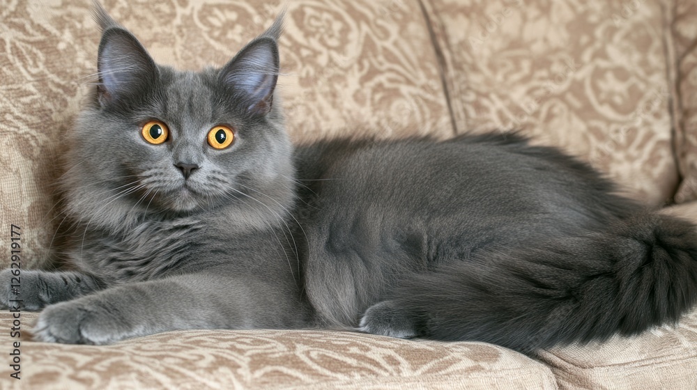 Chartreux cat relaxing on a sofa. Beautiful golden eyes of Chartreux. Grey cat. French cat. Chartreux cat relaxing on a sofa. Beautiful golden eyes of Chartreux. Grey cat. French cat.