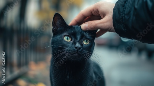 Human hand petting friendly black stray cat living on street, selective focus. Problem of homeless animals and pet overpopulation concept, photo