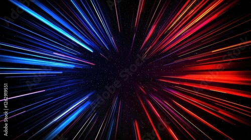 Red and blue light streaks create a dynamic tunnel effect against a starry black backdrop, simulating high-speed motion through space