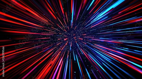 Vibrant red and blue lines create a dynamic light speed effect on a black background, conveying motion and energy with a futuristic feel