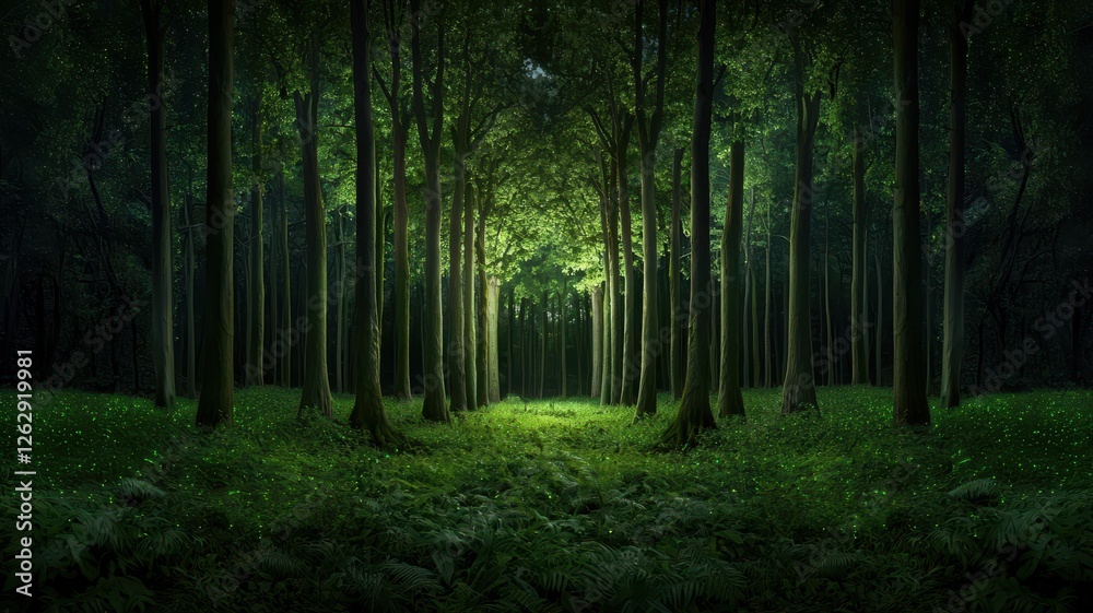 Obraz premium A serene forest scene with tall trees and a soft, green undergrowth, illuminated by gentle light filtering through the canopy.