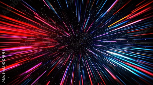 Vibrant red and blue light trails create a dynamic speed effect, evoking a sense of fast motion against a black background with starry details