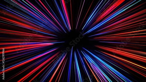 Vibrant red and blue lines radiate outward, creating a dynamic motion blur effect against a black background, evoking speed and energy