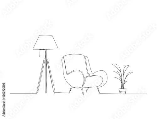 Continuous one line drawing of living room interior. Armchair ,flloor lamp and bamboo plant in single line draw illustration. Editable stroke.