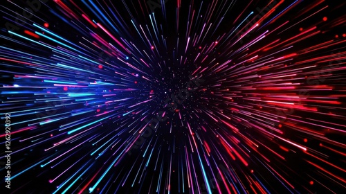 Red and blue lines radiate from a central point, creating a fast motion blur effect against a black background, conveying speed and energy