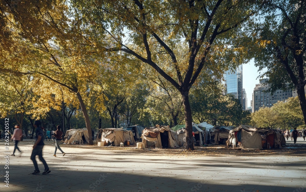 A wide-angle view of an urban park with several makeshift shelters built under trees. Joggers pass by, seemingly oblivious to the residents of the encampment. A wide-angle view of an urban park with several makeshift shelters built under trees. Joggers pass by, seemingly oblivious to the residents of the encampment.