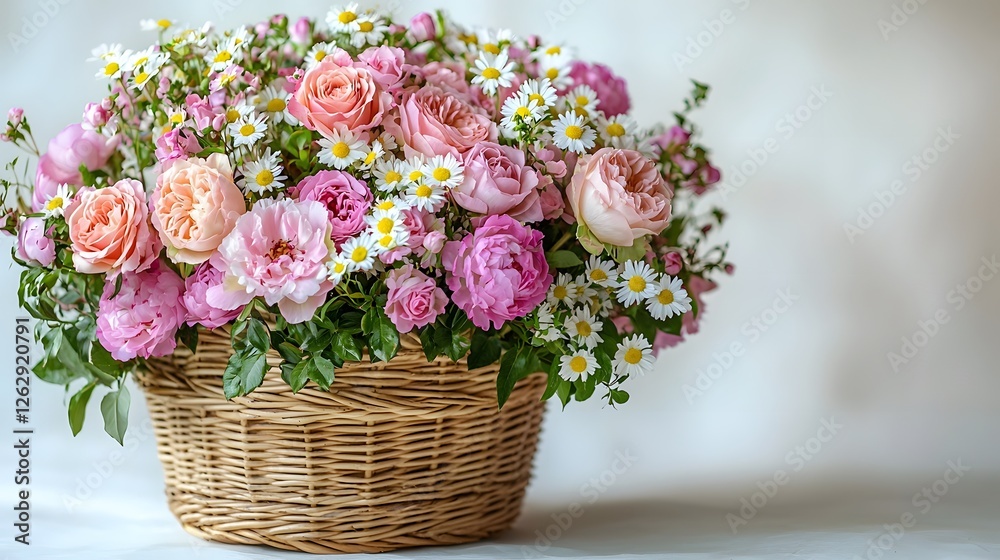 Beautifully arranged wicker basket filled with fresh pastel roses peonies and daisies placed on a clean white background with soft natural lighting Beautifully arranged wicker basket filled with fresh pastel roses peonies and daisies placed on a clean white background with soft natural lighting