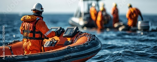 A rescue team in orange gear navigates a boat in open water, demonstrating maritime safety and teamwork in a challenging environment.