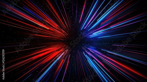 Red and blue light streaks create a dynamic, futuristic effect against a black background, resembling speed lines and digital art