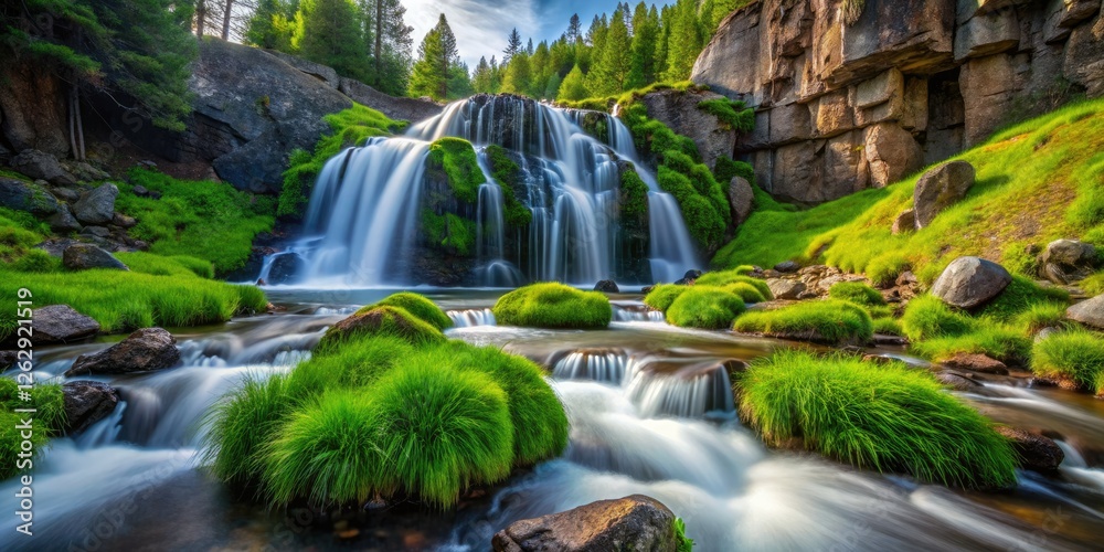 Fototapeta premium Oregon's Paulina Falls: grassy rock formations in breathtaking 4K. Filmed with Blackmagic Ursa Mini Pro & Sigma 50-100mm.