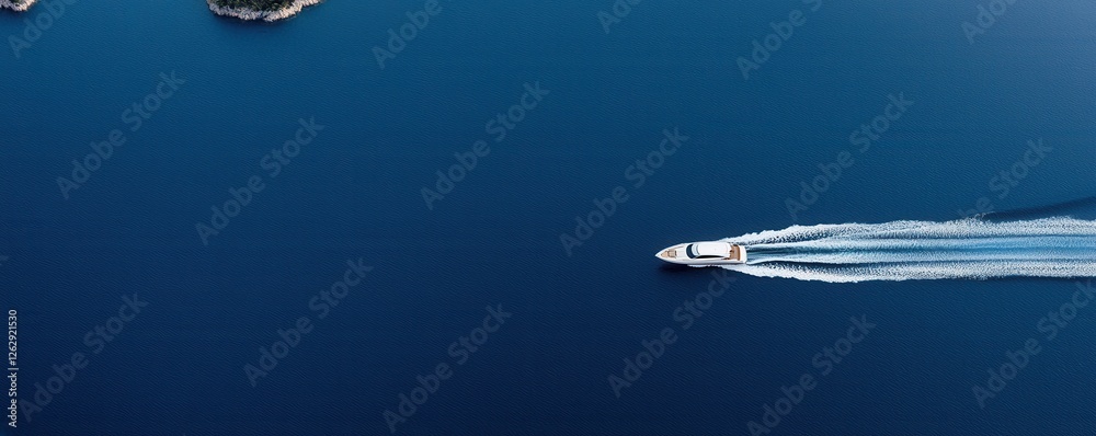 Obraz premium Aerial view of a sleek and powerful speedboat cutting swiftly through the open sea leaving a trail of crashing waves and white foam in its wake The boat is navigating the vast