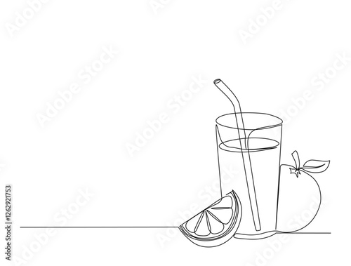 Continuous one line drawing of fresh juice on the glass. Healthy juice with garnish in single line draw illustration. Editable stroke.