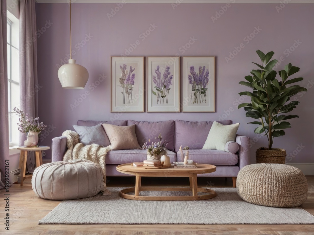 Fototapeta premium Lavender Living Room Decor Featuring Cozy Sofa and Plants