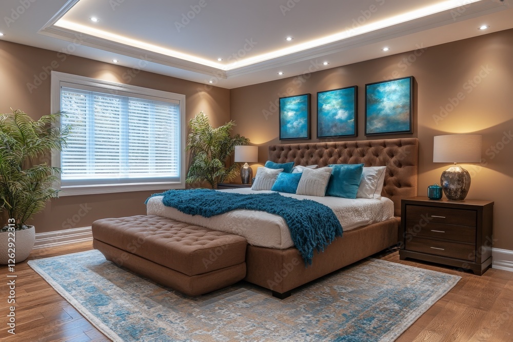 Fototapeta premium Modern bedroom design featuring a cozy bed and stylish decor with warm lighting in a bright interior setting