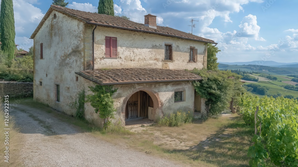 Fototapeta premium Rustic Stone Farmhouse Vineyard Landscape by Rolling Hills in the Countryside with a Terracotta Roof