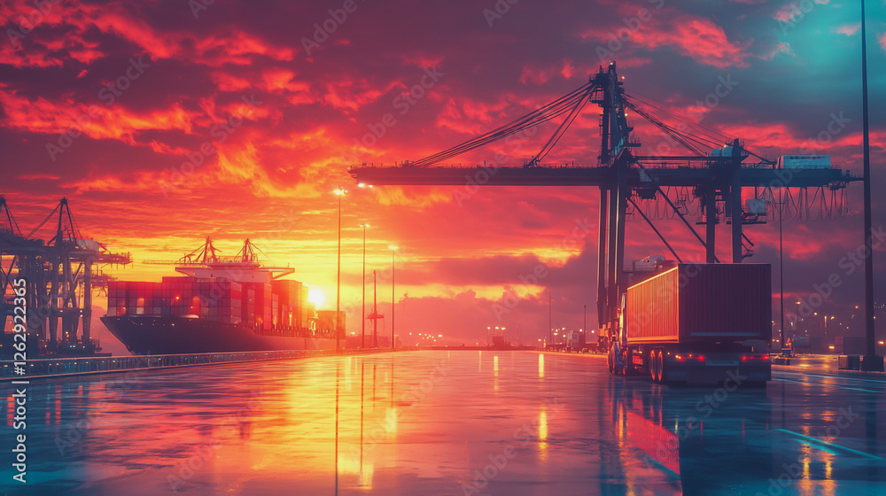 Obraz premium Container truck in ship port for business Logistics and transportation of Container Cargo ship and Cargo plane with working crane bridge in shipyard at sunrise, logistic import export and transport