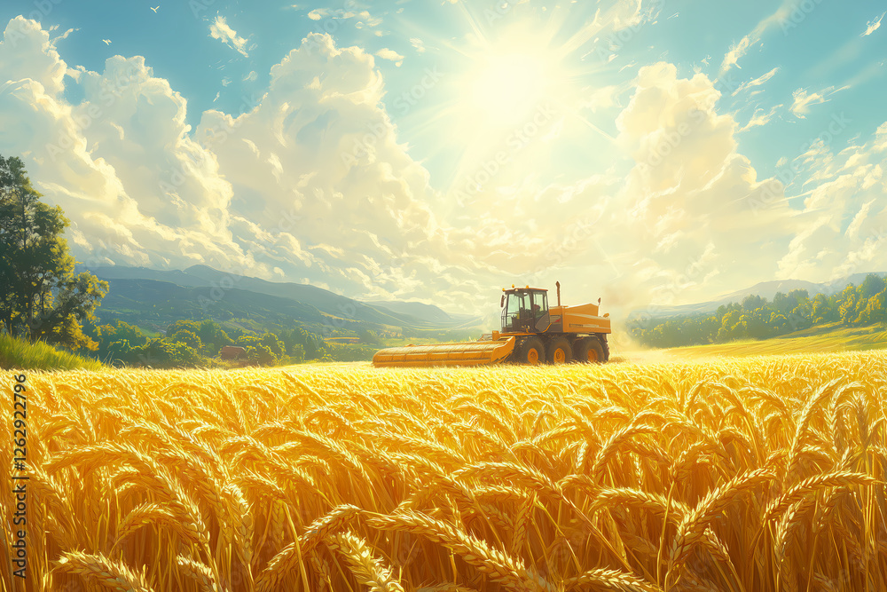 Naklejka premium combine harvester on wheat field
