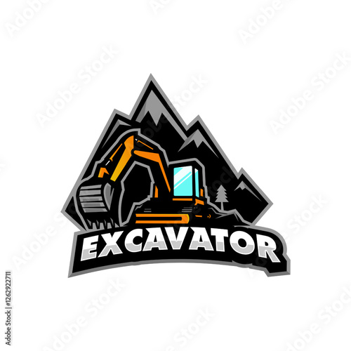 Excavator on mountain logo for construction company