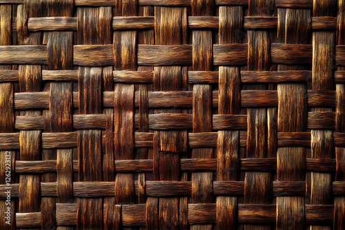 Close-up of woven bamboo or rattan texture showing intricate basketweave pattern. Rich brown and copper tones create a natural geometric design, with diagonal strips interlaced in traditional weaving  photo