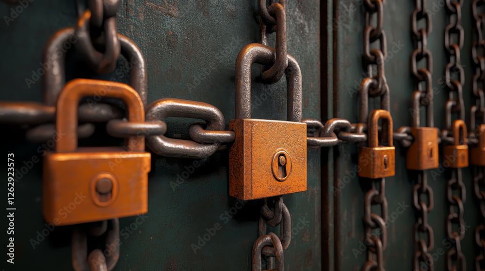 close up shot of row of metal gates secured with multiple locks and chains, showcasing intricate details and textures of hardware. image evokes sense of security and strength close up shot of row of metal gates secured with multiple locks and chains, showcasing intricate details and textures of hardware. image evokes sense of security and strength