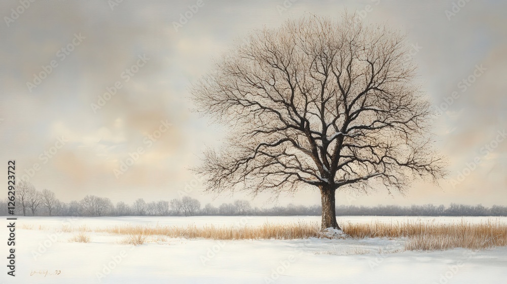 The lone tree, with its bare branches dusted in snow, stands elegantly against the muted hues of a winter sky The lone tree, with its bare branches dusted in snow, stands elegantly against the muted hues of a winter sky