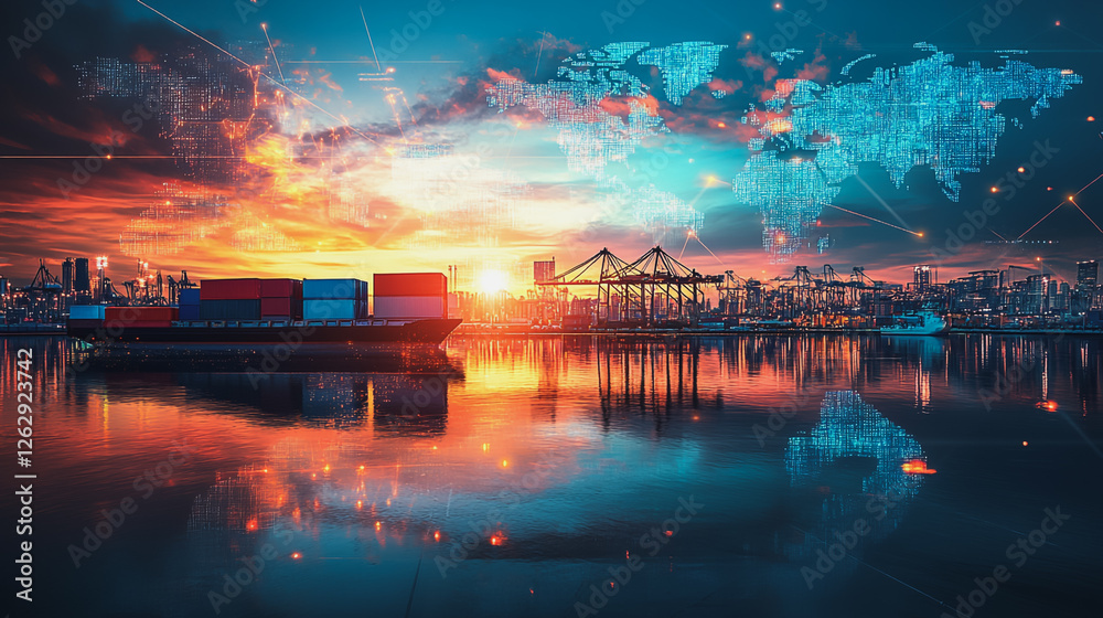 Container truck in ship port for business Logistics and transportation of Container Cargo ship and Cargo plane with working crane bridge in shipyard at sunrise, logistic import export and transport Container truck in ship port for business Logistics and transportation of Container Cargo ship and Cargo plane with working crane bridge in shipyard at sunrise, logistic import export and transport