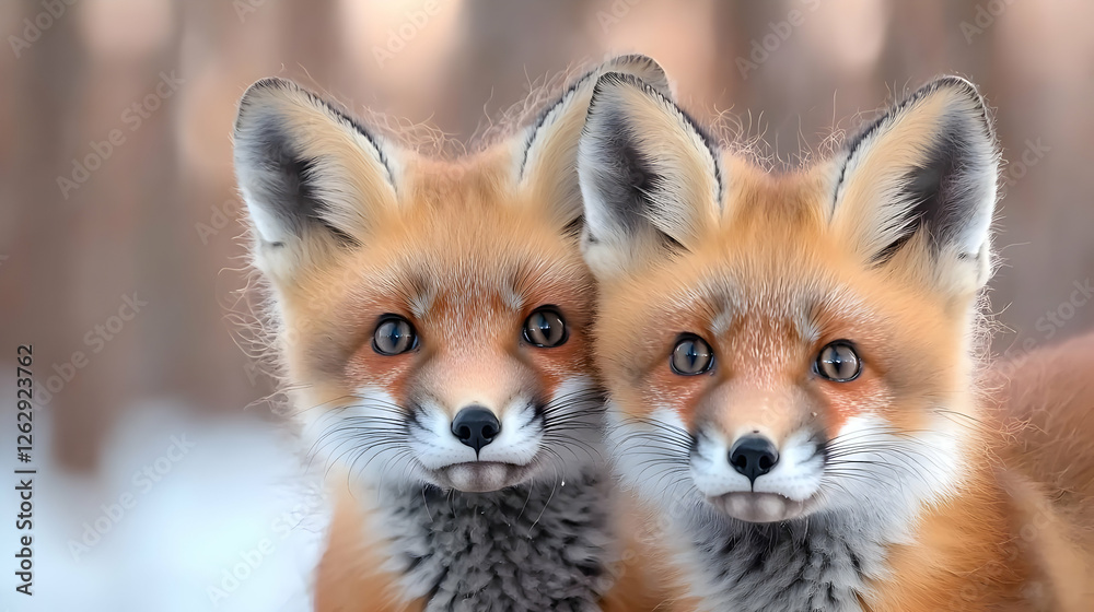 Two red fox kits in snowy woods, winter wildlife Two red fox kits in snowy woods, winter wildlife