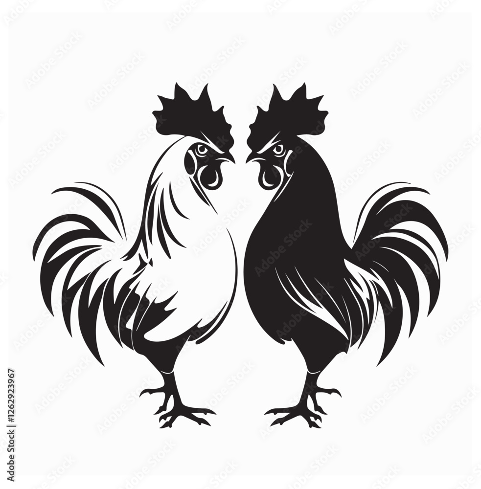 Two Roosters Facing Each Other Ready for a Duel Captured in a Dynamic Vector Illustration Two Roosters Facing Each Other Ready for a Duel Captured in a Dynamic Vector Illustration