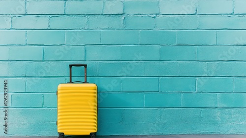 A vibrant yellow suitcase stands against a turquoise brick wall, symbolizing adventure and journeys. Ideal for travel-themed content conveying excitement and wanderlust. photo