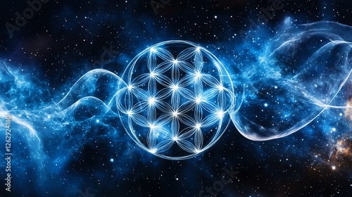 Abstract cosmic background featuring a glowing geometric pattern resembling a flower of life amidst swirling blue nebulae and stardust, symbolizing interconnectedness and universal