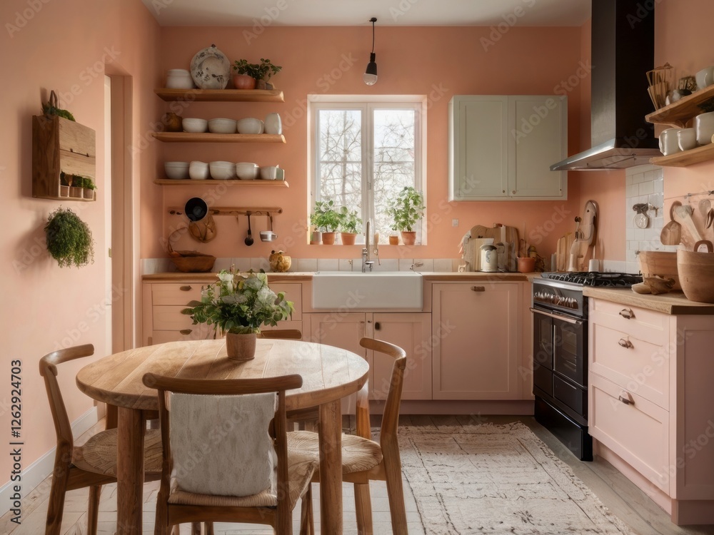 Fototapeta premium A Rustic Pink Kitchen With Wooden Accents And Plants