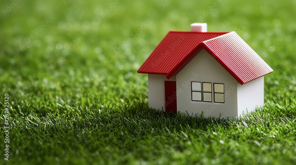 small colorful house model on green grass, symbolizing home and comfort. This creative arrangement evokes feelings of warmth and tranquility in natural setting