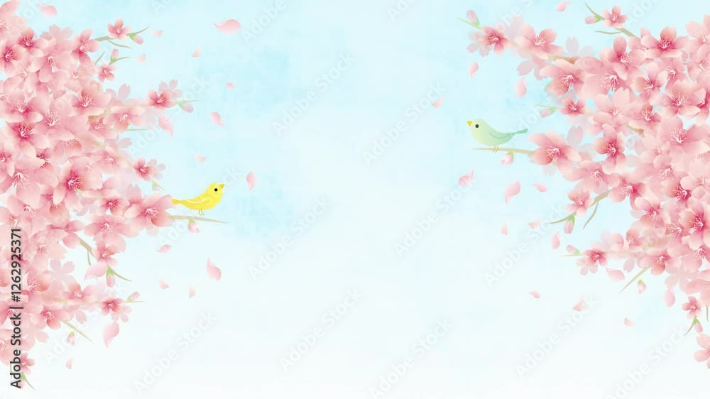 水彩画の春の風に揺れる桜と小鳥