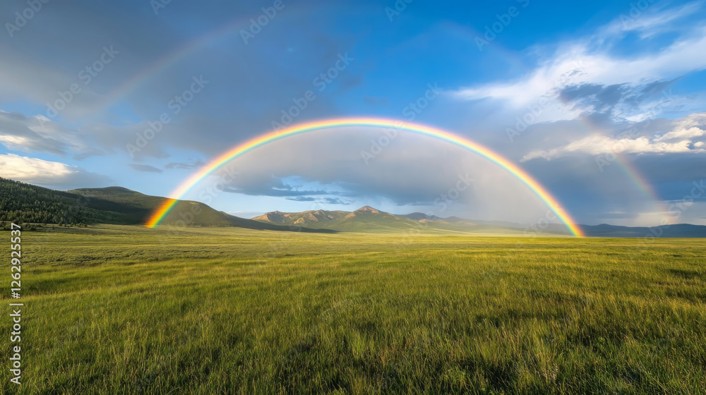 dazzling rainbow appears after light rain, arching over lush green meadow with mountains in background, creating serene and vibrant landscape dazzling rainbow appears after light rain, arching over lush green meadow with mountains in background, creating serene and vibrant landscape