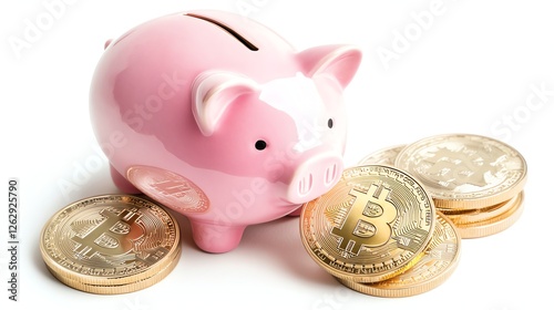 Pink piggy bank with golden bitcoins, symbolizing financial savings, cryptocurrency investment, and modern banking concepts. Ideal for economic growth and digital money themes. photo