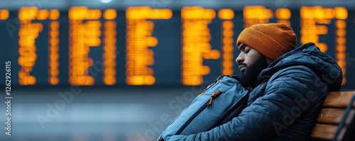 A tired passenger or commuter resting and napping on an airport bench while waiting for their flight during a long layover or delay