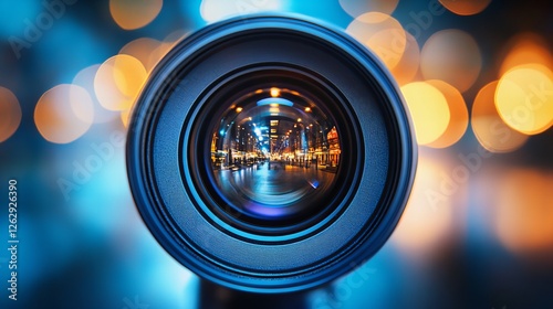 Close-up of camera lens reflecting city lights at night with bokeh effect