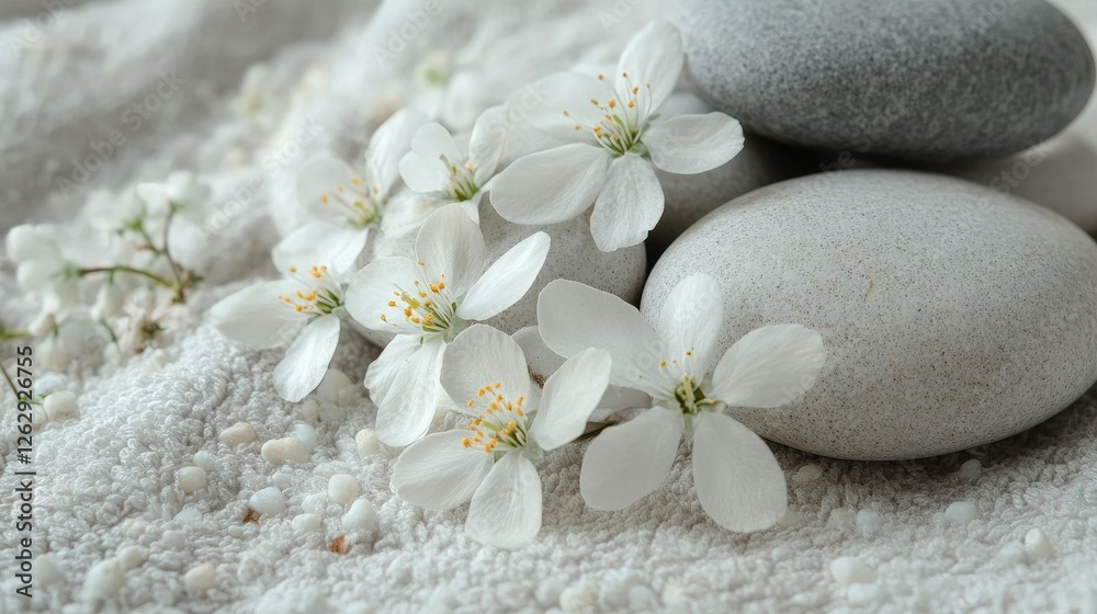 Spa stones arranged with blooming flowers on a soft towel, representing peaceful relaxation and pampering. Spa stones arranged with blooming flowers on a soft towel, representing peaceful relaxation and pampering.