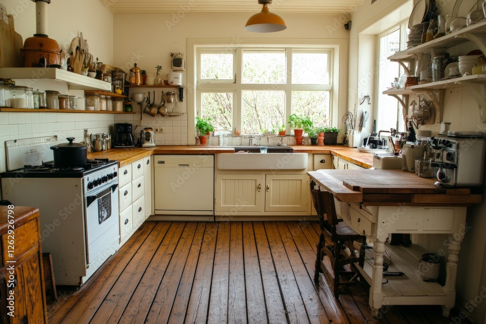 Fototapeta premium Vintage kitchen with wooden floors and natural light during a sunny day in a cozy home