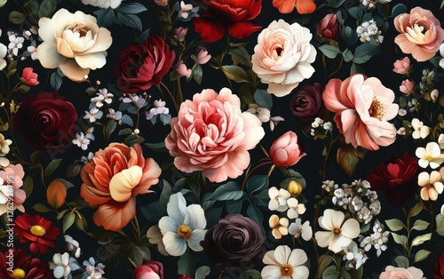 Fototapeta Naklejka Na Ścianę i Meble -  vibrant floral watercolor pattern with roses peonies garden flowers leaves branches botanical seamless design