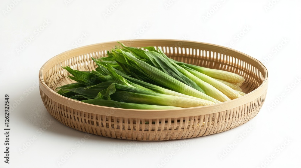 A round bamboo plate filled with fresh baby corn, showcasing its organic and natural appeal. A round bamboo plate filled with fresh baby corn, showcasing its organic and natural appeal.